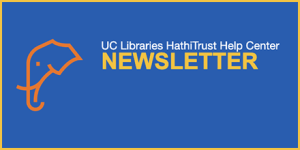 Banner for UC Libraries HathiTrust Help Center featuring a blue box with orange elephant logo and white and yellow text.